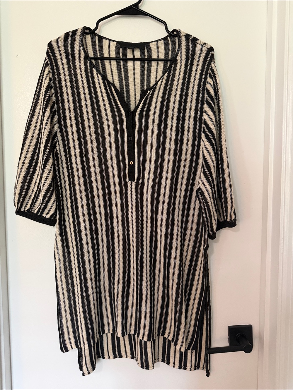 ZARA Striped Knit Tunic Blouse Henley V-Neck Black & Ecru Size Small